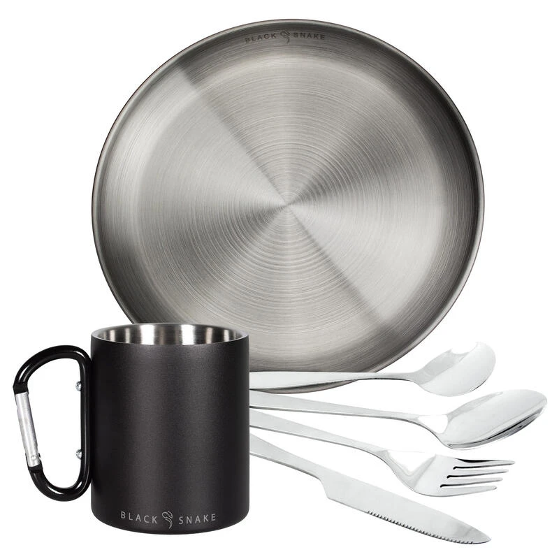 Camping Tasse Isotherme Mousqueton, Assiette Plate Et Couverts Set | Acier Inox