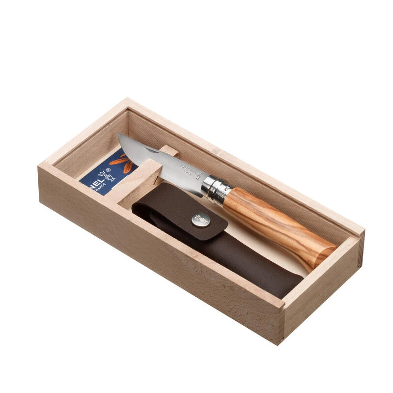 Coffret Couteau Opinel Randonnée Numéro 8 En Bois D'olivier, Avec Son étui Cuir - Image 3